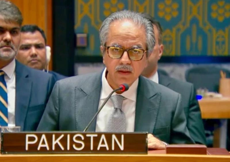 Pakistan’s UN envoy Asim Iftikhar Ahmed speaking at the United Nations